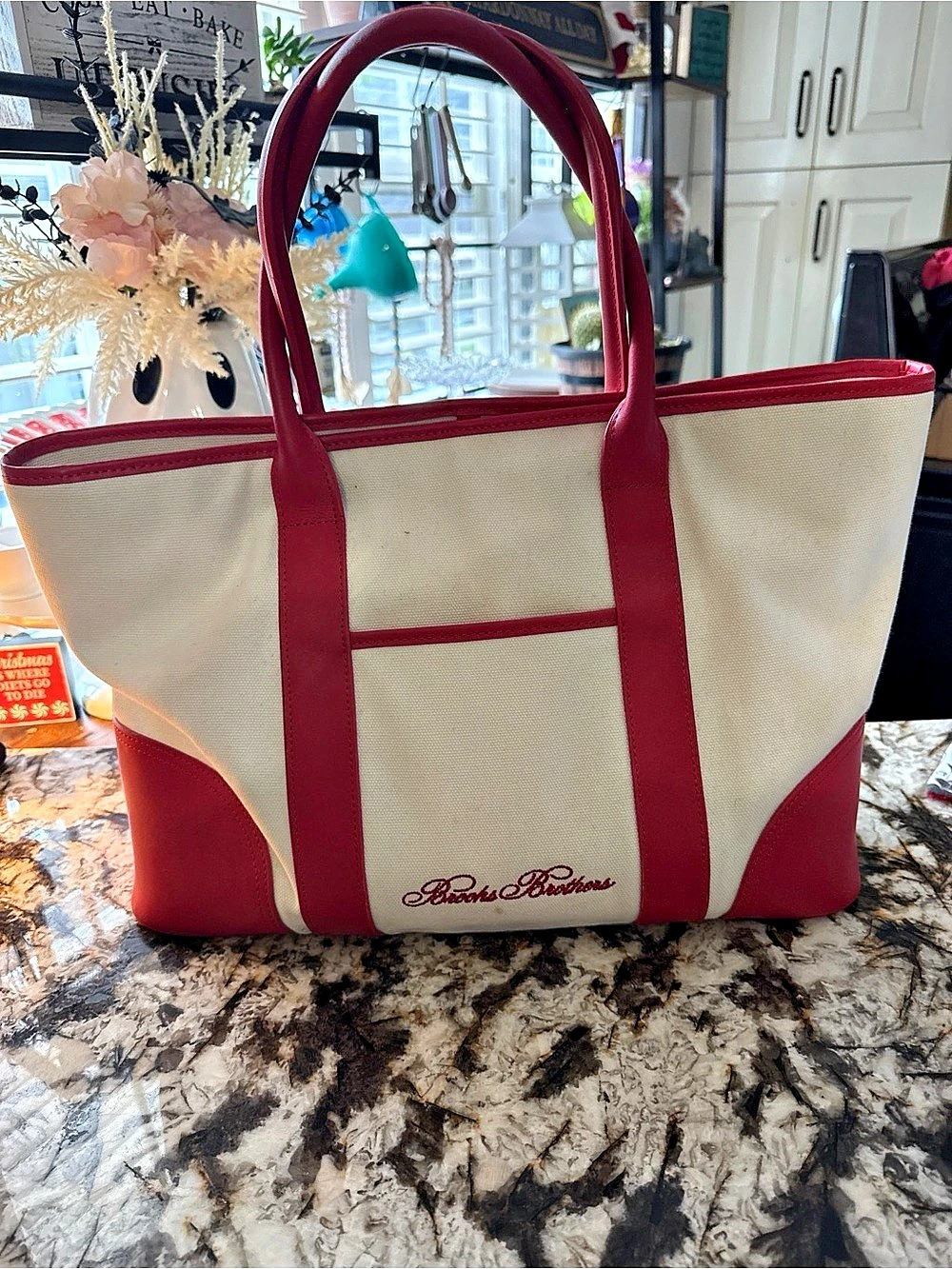 Brooks Brothers Cream & Red Canvas Tote Bag Large Everyday Carryall Tote/Purse